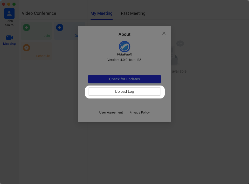 VidyVault log upload button in desktop settings