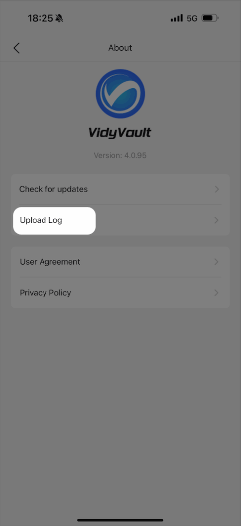 VidyVault log upload button in mobile settings