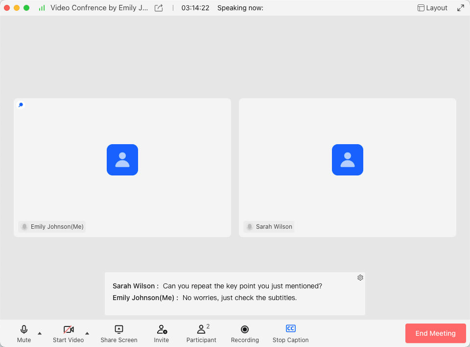 VidyVault meeting interface showing real-time captions