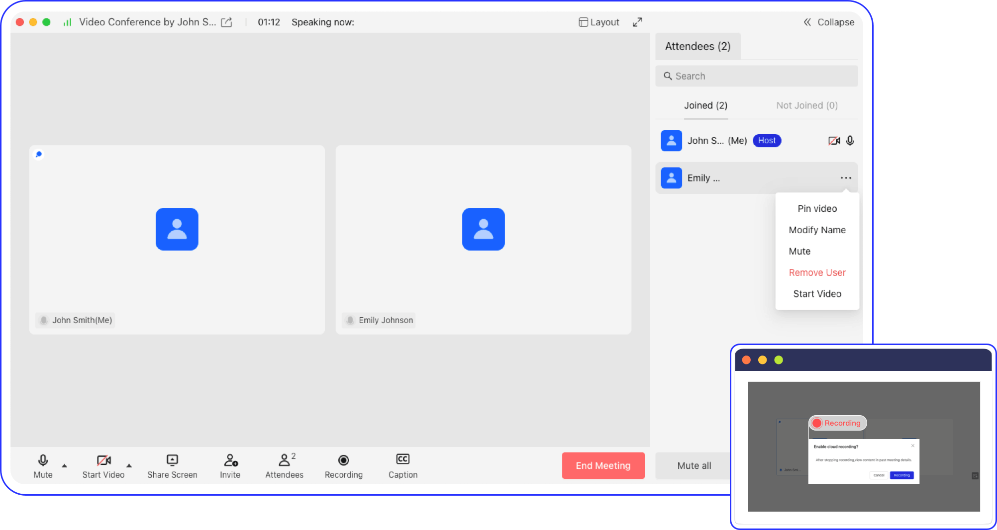 VidyVault host control panel showing participant management and recording options