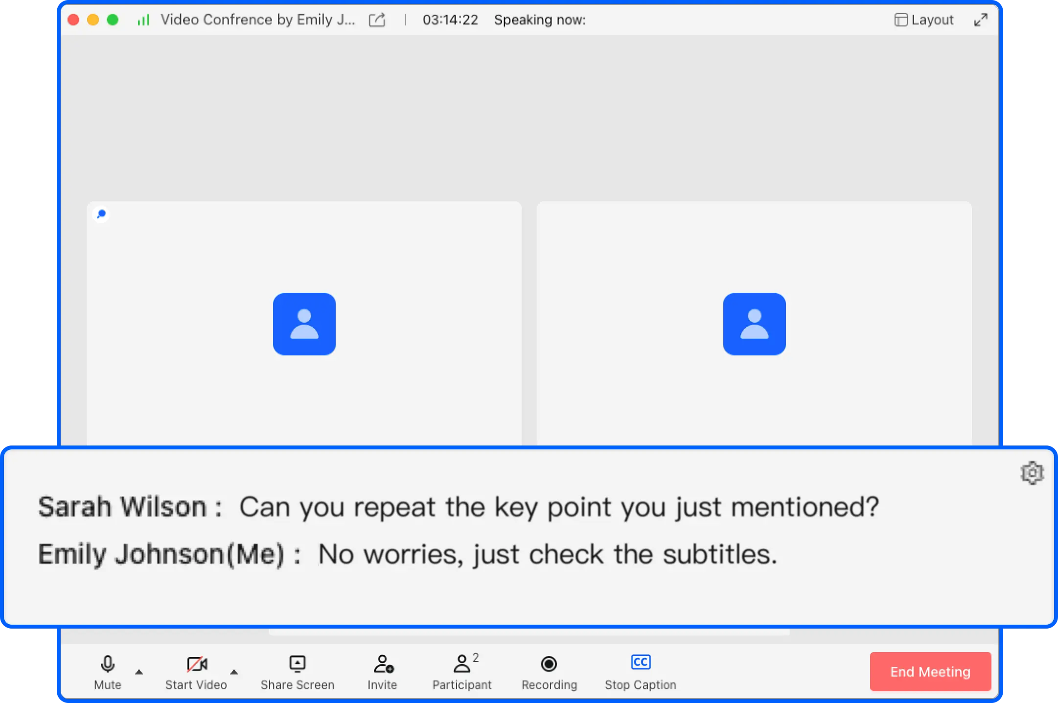 VidyVault meeting with live captions displayed