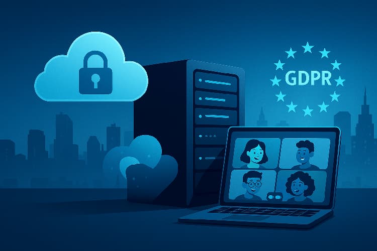 VidyVault dashboard displaying GDPR compliance metrics for self-hosted meetings