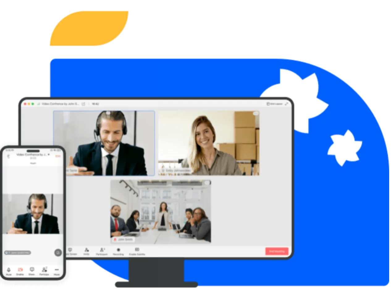 A MacBook, iPad, and iPhone displayed together, all running the Vidy Vault application interface showing on-line video meeting t.