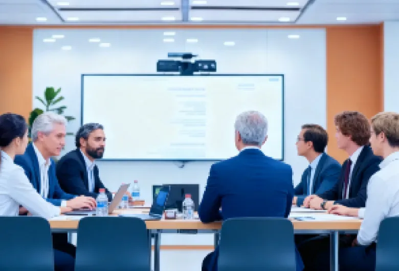 A professional participating in a VidyVault interactive video conference call, experiencing clear audio with intelligent noise cancellation.